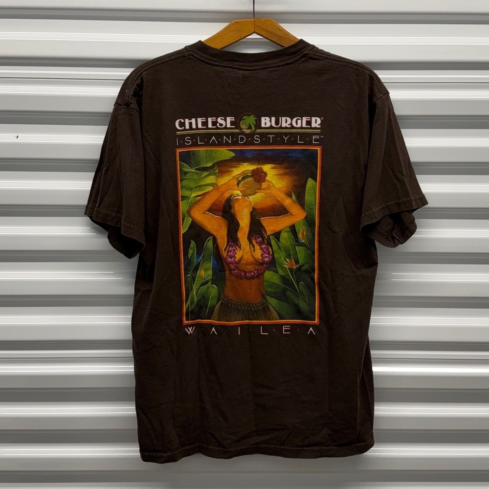 Early 00s Hawaii Girl Cheeseburger Funny Joke Humor Brown Mens Large Shirt